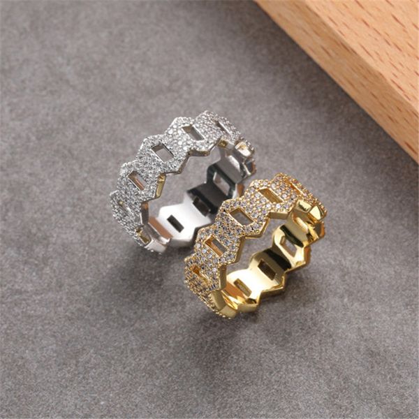 

hiphop geometry diamond 18k gold mens ring designer copper white aaa cubic zirconia silver rings for man party south american fashion charm, Golden;silver