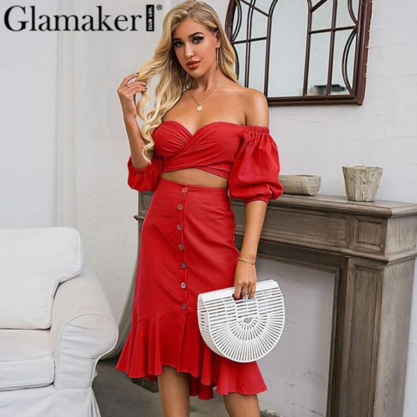 

glamaker off shoulder red mermaid dress elegant short puff sleeve crop midi summer dress party bandage long dress 2020 l5653306, Black;pink