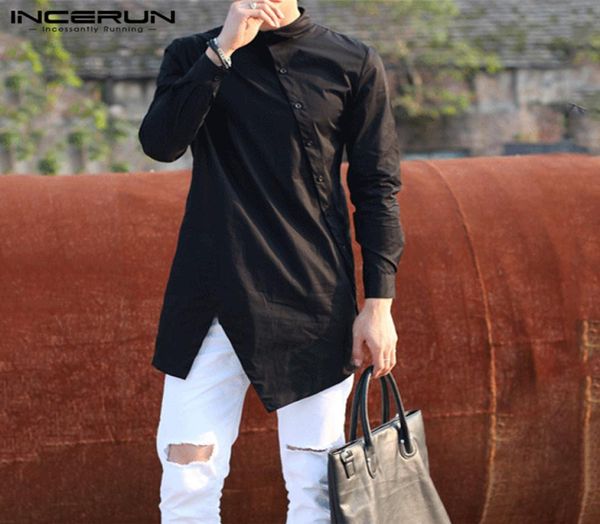 

incerun 2020 men irregular shirts lapel button long sleeve chic solid color camisa fashion dress shirts slim long plus size1562620, White;black
