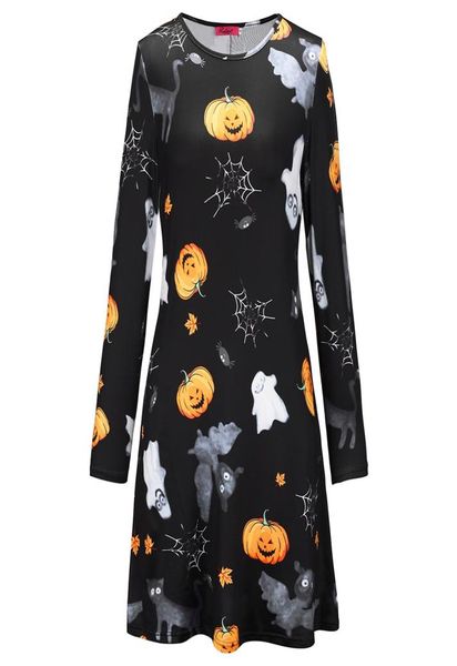 

womens halloween long sleeve round neck casual spider skull pumpkin printed flared party dress dk5559hy3157439, White;black