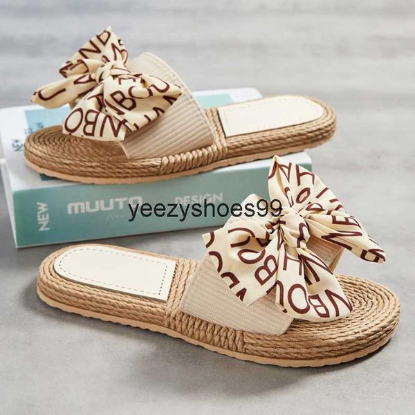 

slippers female summer artificial straw sole shoes lady indoor flat with flip flops stitching floral women 230808, Black