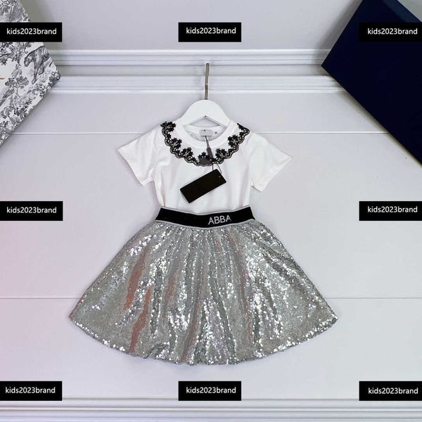 

kids clothes child sets baby 2pcs tracksuit lace ring t-shirt and shiny leather skirt size 90-150 cm mar01, White