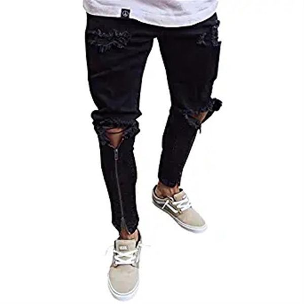 

longbida men zipper biker jeans ripped holes destroyed stretch skinny jeans street style denim pencil pants for male303v, Blue