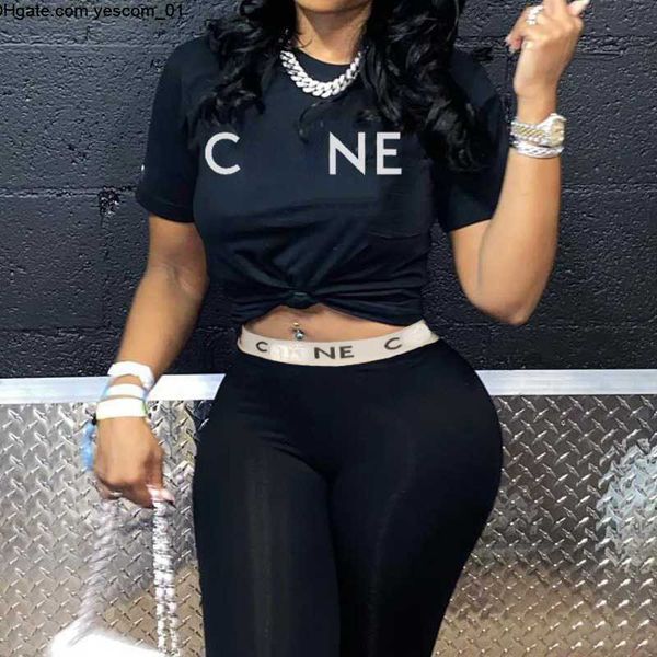 

womens sports suit designer yoga wear ce letter print loose short sleeve t shirt tight high waist wrap pants set casual shirt, Gray