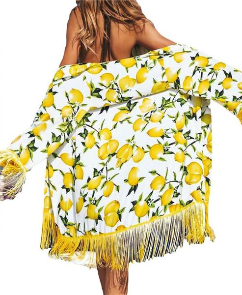 

women039s swimwear women yellow lemon printed beach cover up casual blouse bikini ups swimming robe with tassels8960835, White;black