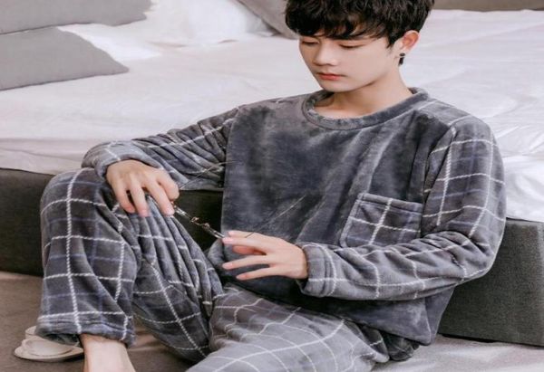 

autumn winter thick warm men039s flannel pajamas sets coral velvet long sleeve sleepwear suit pyjamas casual loungewear homewea4624147, Black;brown