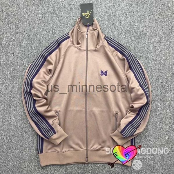 

men's hoodies sweatshirts 2023 taupe needles track jacket men women knitted purple stripe poly smooth needles jackets butterfly sport c, Black