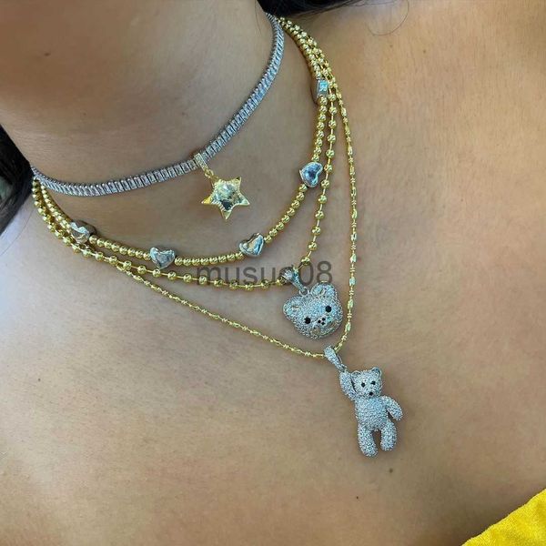 

pendant necklaces 4pcs lovely bears charms bead chain for women heart star zircon 18k gold plated pendants tennis chain necklace party jewel, Silver