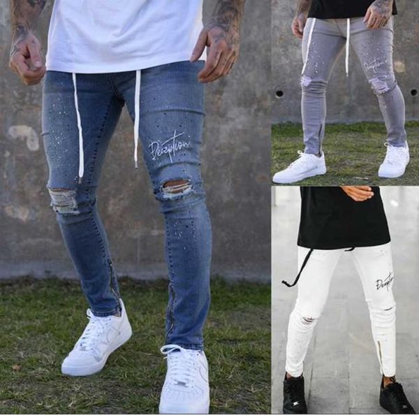 

mens solid color motobiker jeans new fashion slim pencil pants casual hole ripped design streetwear printing pencil jeans x03827485, Blue