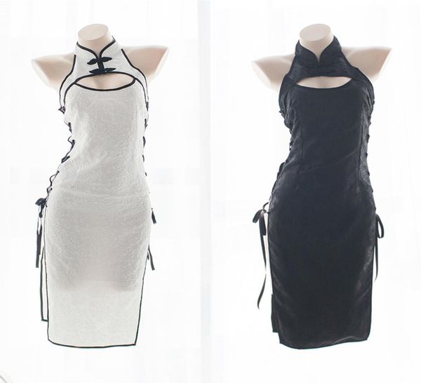 

womens cosplay costume cheongsam lingerie strappy corset nightie sleepwear underwear dress whiteblack4851831, Black