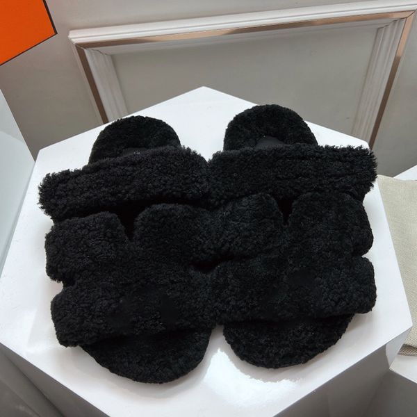 

luxury designer chypre fur slippers trendy fur slides sandals women men fluffy shearling h wool flat bottom slippers winter fashion outdoor, Black