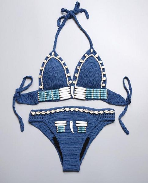 

new bohemian women039s halter weave crochet swimsuit tankinis bikini set shells beaded knitted bikinis beach wear swimwear bath2067485, White;black
