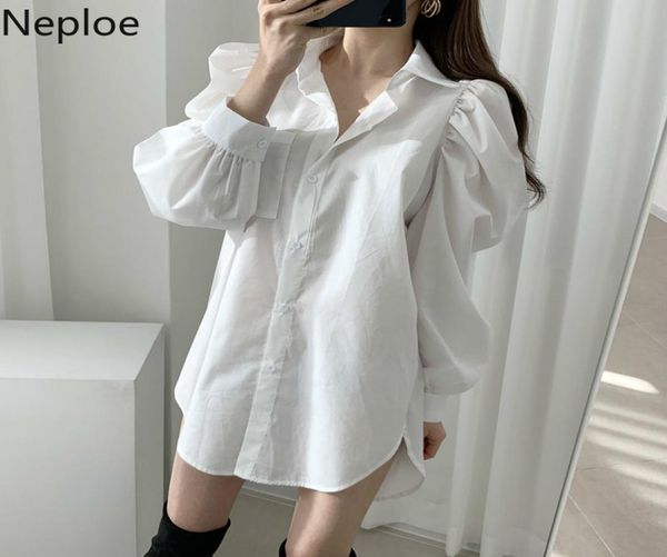 

neploe 2020 women elegant long shirt women solid turn down collar puff sleeve blouse female casual white office lady 1a5919280070