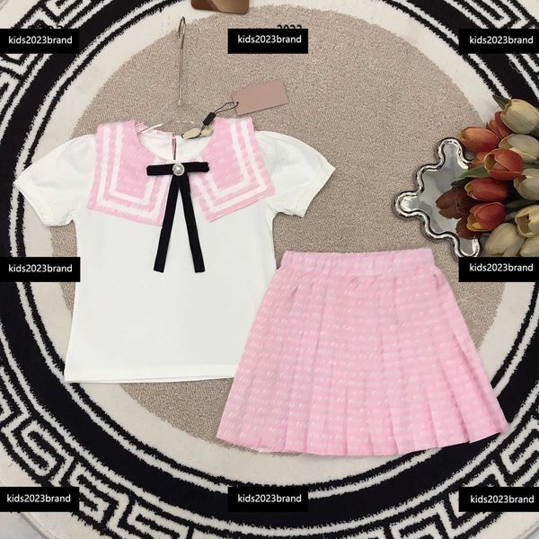

baby tracksuits kids clothes navy collar design child summer sets 2pcs fashion t-shirt and letter printed pleated skirt ing, White