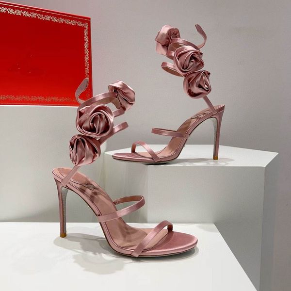 

renes-caovilla lady sandals rose flower embellished satin snake strass stiletto heels women's high heeled luxury designers ankle wrapar, Black