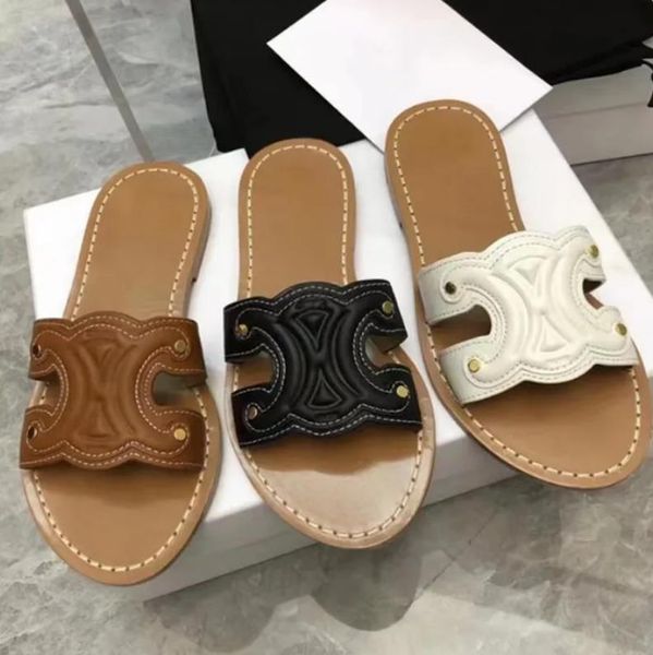 

women's genuine leather flatsole slippers fashion sewn rubber sandals park leisure lightweight beach shoes large 35-41, Black