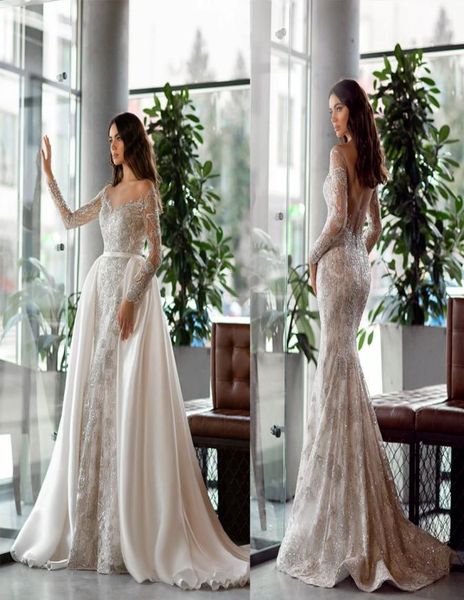 

oksana mukha wedding dresses scoop long sleeves backless detachable train bridal gowns lace appliques beads sequins mermaid weddin1535015, White