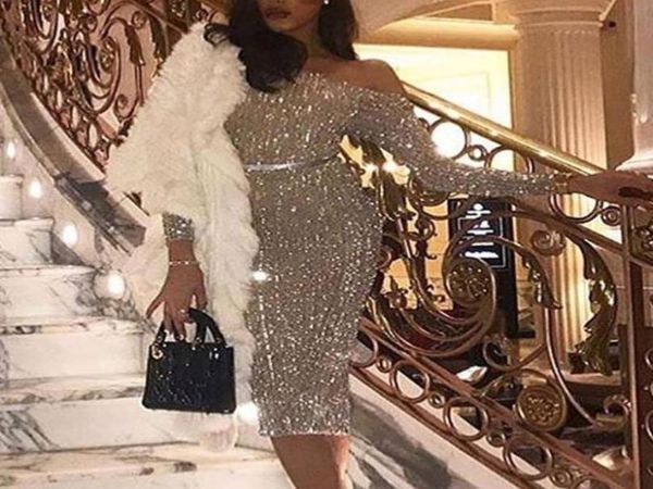 

vestidos elegant party night club evening dinner bodycon dresses for women long sleeve solid sequin ladies luxury dress1793088, Black;gray