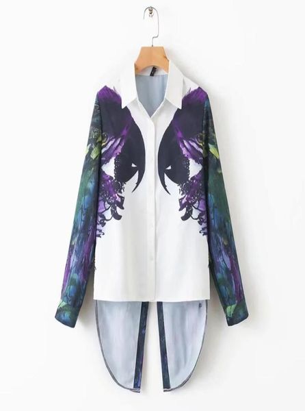 

parrot placement print women turndown collar shirt casual lady long sleeve blouse fashion loose feminina chemise s51193118137, White