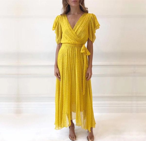 

casual dresses 2021 summer designer woman maxi dress deep vneck high waist sashes dot yellow long holiday vacation vestidos8015732, Black;gray