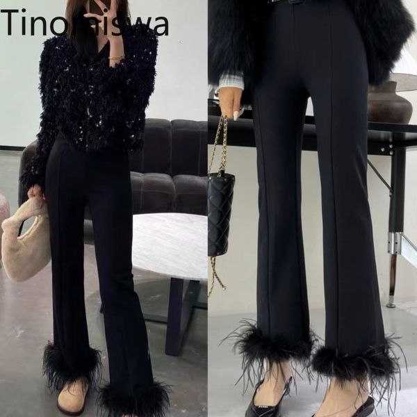 

women's pants s tinomiswa high waist wide leg pant feathers patchwork solid color fashion trousers female temperament allmatch 230818, Black;white