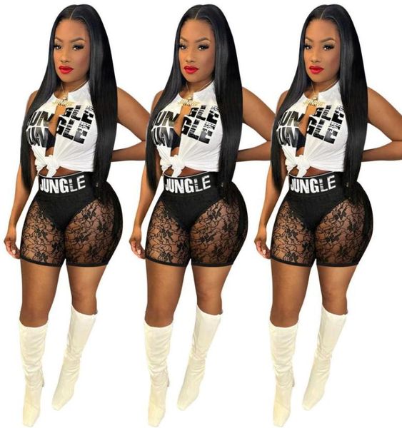 

women two piece lace mesh shorts set fashion cardigan letter printed tshirt irregular split outfits4215585, Gray