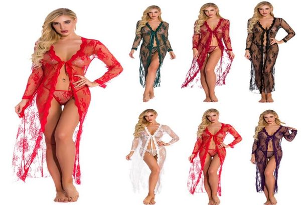 

long sleeves openfront dress robe lingerie for women long lace and mesh dress sheer gown see through kimono robe plus s4xl 7769566, Black;red