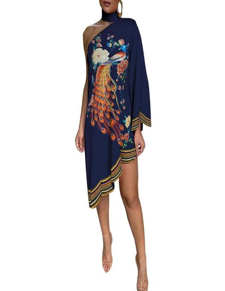 

casual dresses plus size dress apparel women fashion choker peacock print one shoulder irregular ruffled hem 2021 summer vestidos4613514, Black;gray