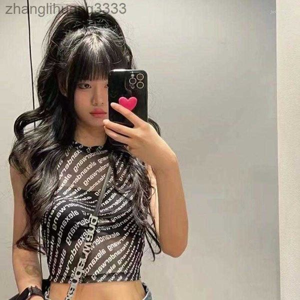 

summer full printed letters design short-sleeved bottoming shirt women's see-through design slim vest, White