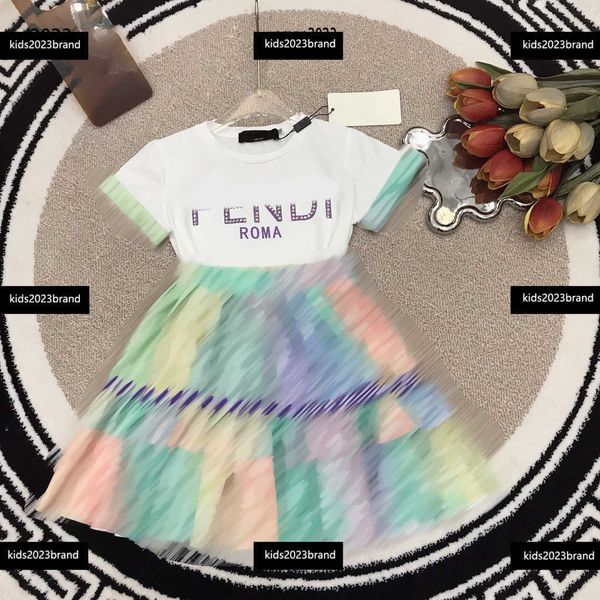 

kids dress child clothing baby clothes summer two-piece suit logo printed round neck t-shirt and colorful letter skirt, White