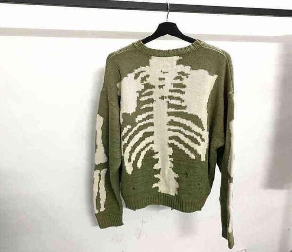 

kapital green loose skeleton bone printing sweater men woman good quality high street damage hole vintage 11 knit sweater 2112313749887, White;black