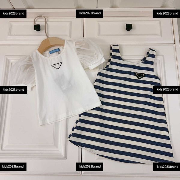 

baby clothes mesh bubble sleeve kids designer t shirt child suit 2-piece set t-shirt and stripe dress size 100-150 cm mar14, White