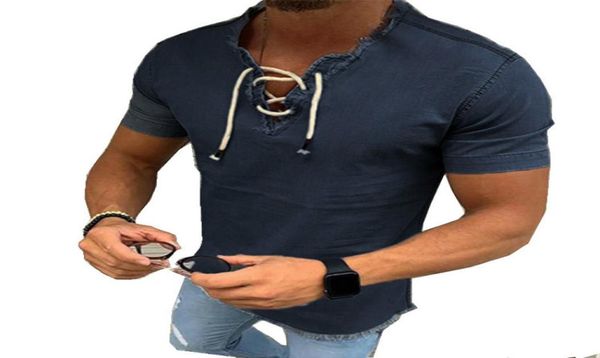 

fashion denim shirt men fit slim jeans shirt short sleeve vneck shirts casual lace up blouse tee summer camisa masculina c1215204010, White;black