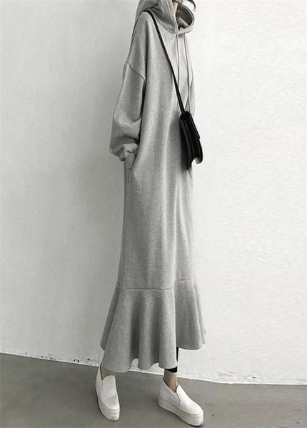 

simple stylish hoodie dress women korean vestido fleece warm sweatshirts long sleeve chic ruffle hooded loose midi dresses lj201207348413, White;black