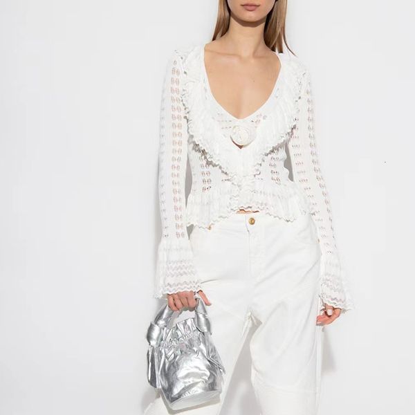 

women's knits tees 23 y2k hollow knitwear handmade rose bottom shirt ruffled knit cardigan simple and versatile knitted women's 2, White