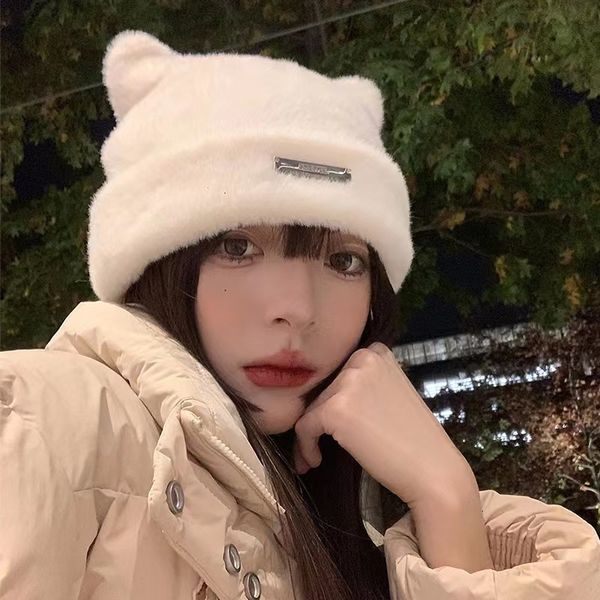 

beanie skull caps korea cute cat ears knit cap autumn and winter warm imitation mink hair pullover hat gold standard japanese beanies 230818, Blue;gray