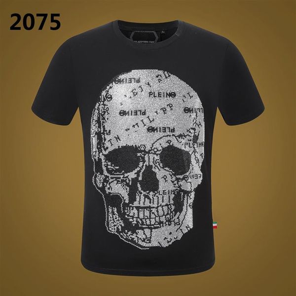 

pp men's t-shirt summer rhinestone short sleeve phillip plain men t shirt round neck shirt tee skulls print streetwear m2596, White;black