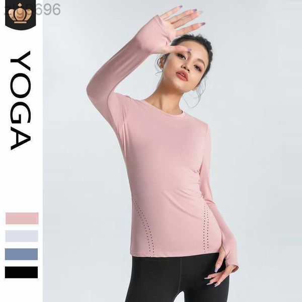 

desginer alos yoga t short long sleeve tight slim sports t-shirt round neck elastic breathable long sleeve for women, White