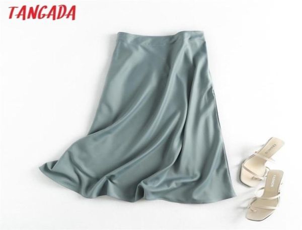 

tangada women solid quality satin midi skirt vintage side zipper office ladies elegant chic aline skirts 6d18 2103129366526, Black