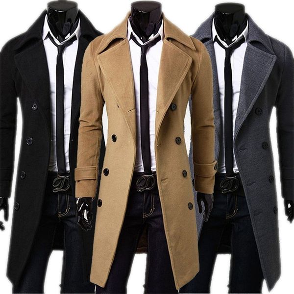 

mens wool blends doublebreasted jacket selfcultivation solid color fashion brand autumn long trench coat s4xl 230818, Black