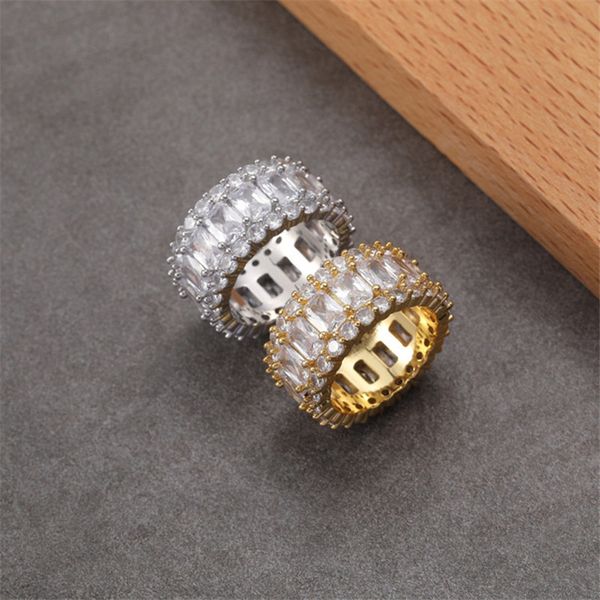 

hiphop sqaure round diamond 18k gold mens ring designer copper white aaa cubic zirconia silver rings for man party south american fashion je, Golden;silver