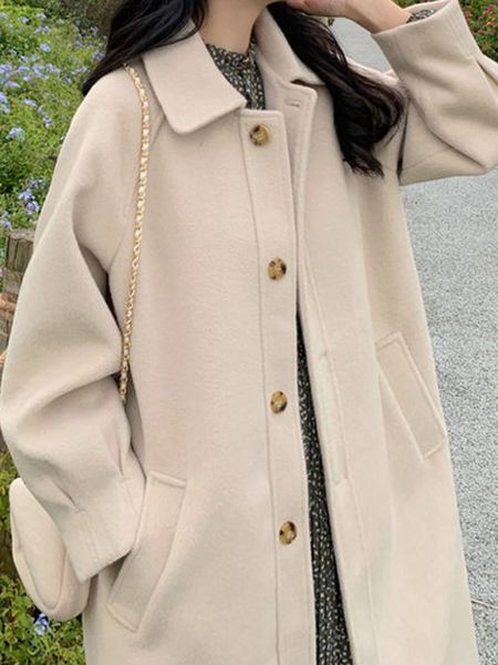 

womens wool blends in women cotton windbreaker long woolen coat buttons loose temperament autumn winter warm fashion overcoat 230818, Black