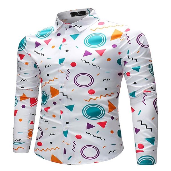 

2018 new men fashion long sleeve shirt with geometric figure motifs casual men's irregular pattern button male blouse hand wa190a, White;black