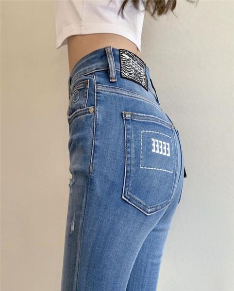 

embroidered letters womens jeans ripped denim pants high elastic slim capris fashion designer trousers clothing5867685, Blue