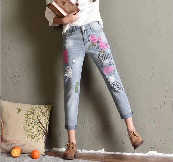 

2020 womens jeans with flowers embroidery boyfriend ripped jeans for women harajuku printing pantalon femme stretch trousers2456552, Blue