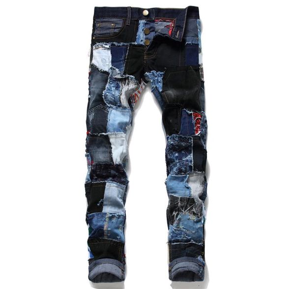 

jeans men europe station autumn and winter new pattern black split joint holes patch jeans male beggar personality 2487359639, Blue