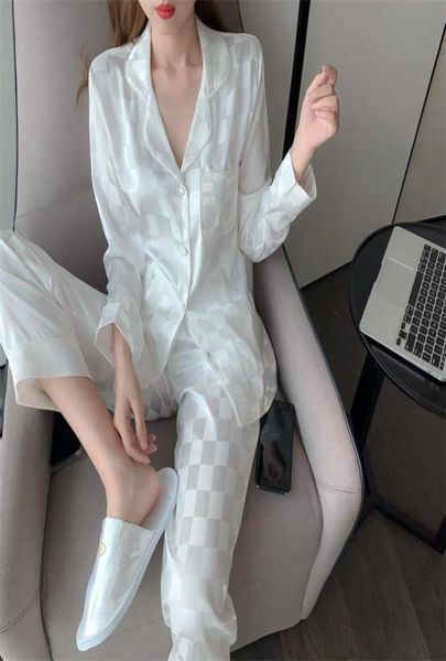 

women039s two piece pants silk houndstooth pajamas set fashion style female couple sleepwear home clothes for men 8917771, White