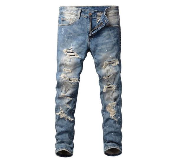 

men039s jeans american street fashion men retro blue slim fit ripped painted designer hip hop denim punk pants3684270