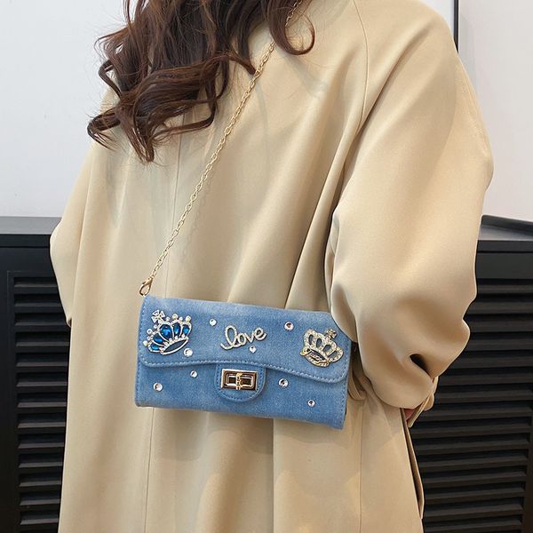 

women shoulder bags niche design denim chain bag wear resistant leather multi card long wallets sweet diamond wallet Chic Denim Women's Crossbody Bag, Blue