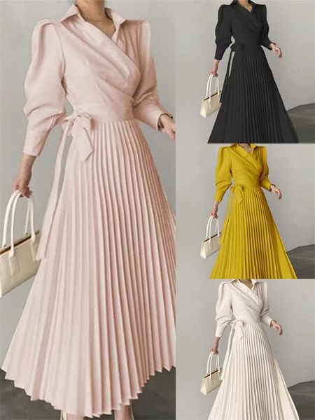 

casual dresses long sleeve high waist spring luxury autumn woman pleated dress female a-line party elegant vintage maxi for women, Black;gray